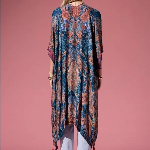 Tassels NWT kimono Ruana exotic viscose or rayon soft flowy bohemian‎ rusts teal - Picture 3 of 4
